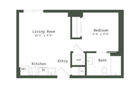 Floor plan for 1 bed, 1 bath, 471 sqft